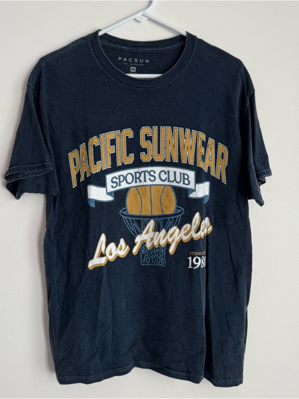 PacSun Black Tee with Gold & Blue Sports Club Graphic